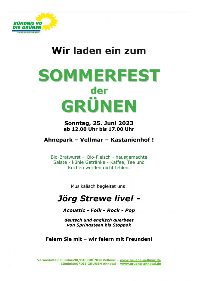 FÄLLT AUS: Sommerfest der Grünen Ortsverbände Ahnatal und Vellmar